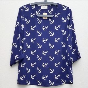 NWT Everly Blue 3/4 Sleeve Anchor Blouse